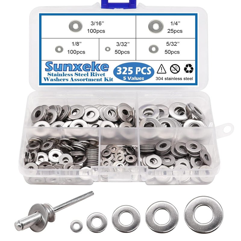 Sunxeke 325pcs Stainless Steel Washers for Blind Pop Rivets Assortment Kit, Backup Rivet Washers Diameter 3/32 inch 1/8inch 5/32inch 3/16inch 1/4inch - Image 1